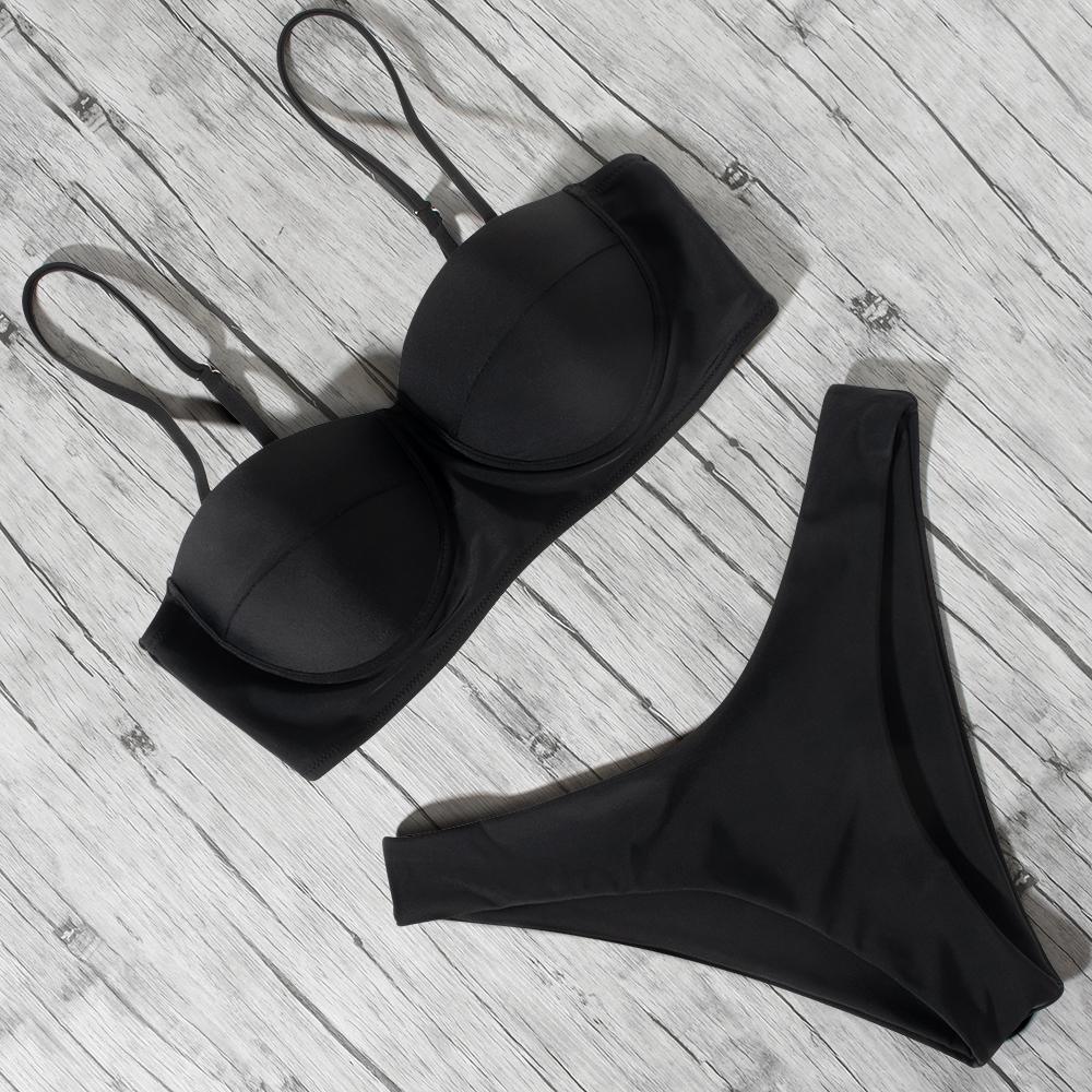 2 цвета, однотонные топы-бандо, комплект бикини, женский купальник с бюстгальтером пуш-ап и чашкой, женские купальники из двух предметов с высоким вырезом