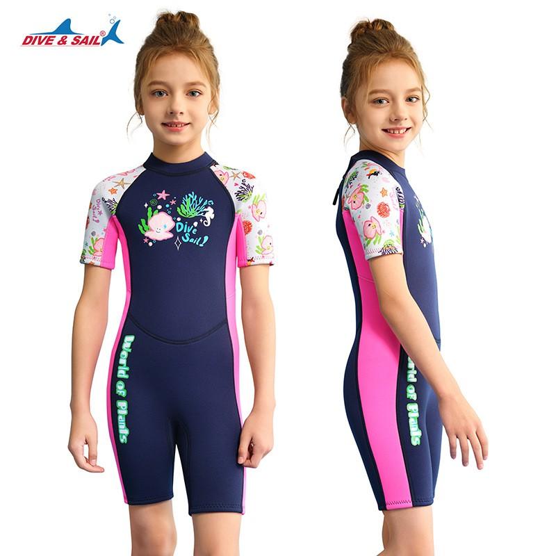 1.5mm Neoprene Kids Girls Full Wetsuit Short Sleeve Snorkeling Swimming Surfing Warm Water Sports