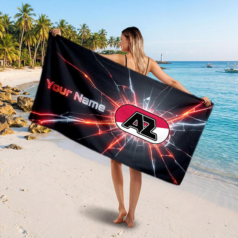 AZ Alkmaar Custom Beach Towel, Personalized Name Text Print, Football Logo Soft Quick‑Dry Towel Holiday Gift