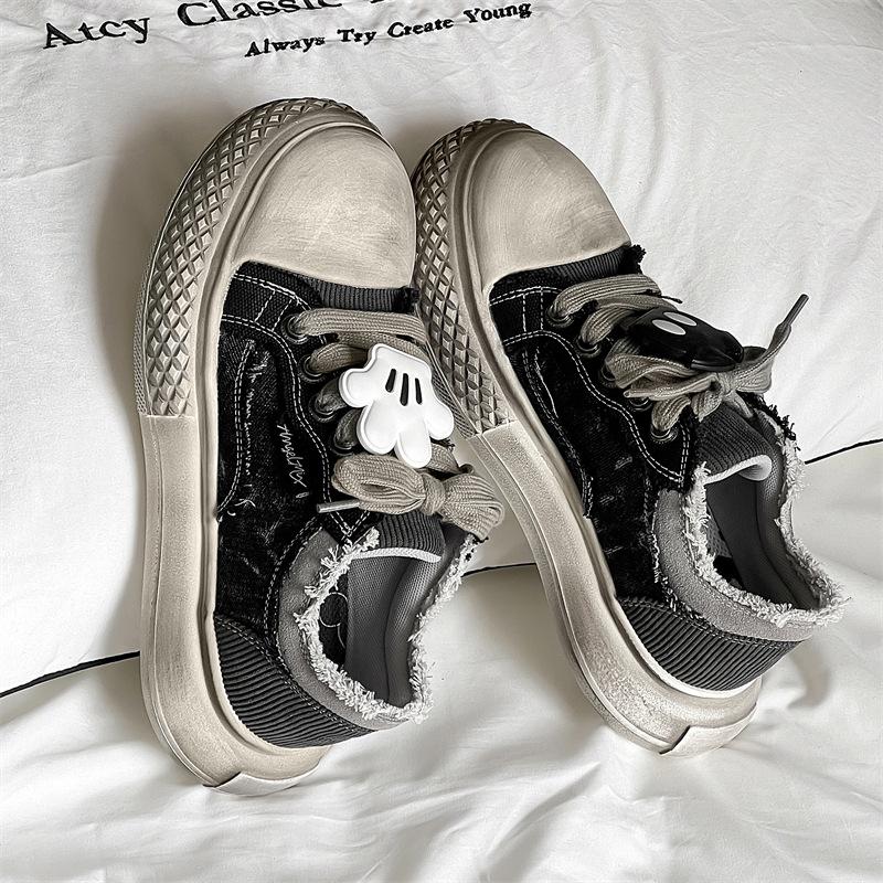 Темные парусиновые туфли Микки женские новые универсальные спортивные и повседневные кеды на утолщенной подошве, уродливые милые туфли с большой головой