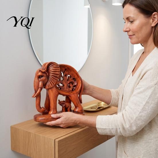 Tabletop Accents for Entryway Hollow Carved Mother and Baby Elephant Statue, Resin Figurine, Good Office Table Ornaments Luck Sculpture Home