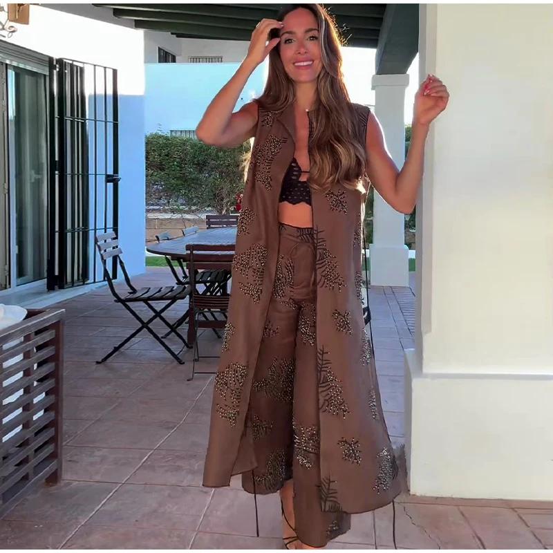 Модная вышитая майка для женщин в стиле ретро с круглым вырезом без рукавов с поясом длинный жилет лето осень уличные женские жилеты