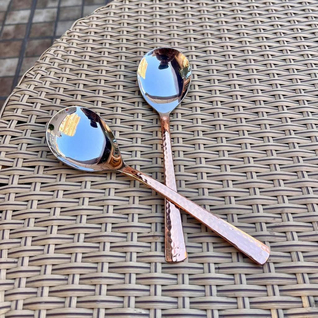 Stainless Steel and Copper Made Serving Spoon Set Metal Kitchen Dining and Cutlery | Steel and Copper Metalic Finish