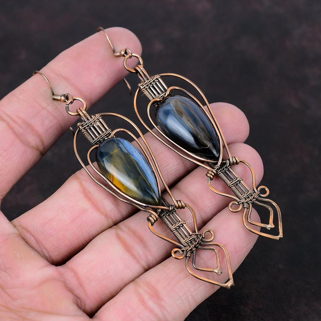 Серьги Pietersite, медные серьги с проволочной обмоткой, висячие серьги, медные украшения, серьги ручной работы с настоящим драгоценным камнем, абсолютно новые серьги в подарок маме