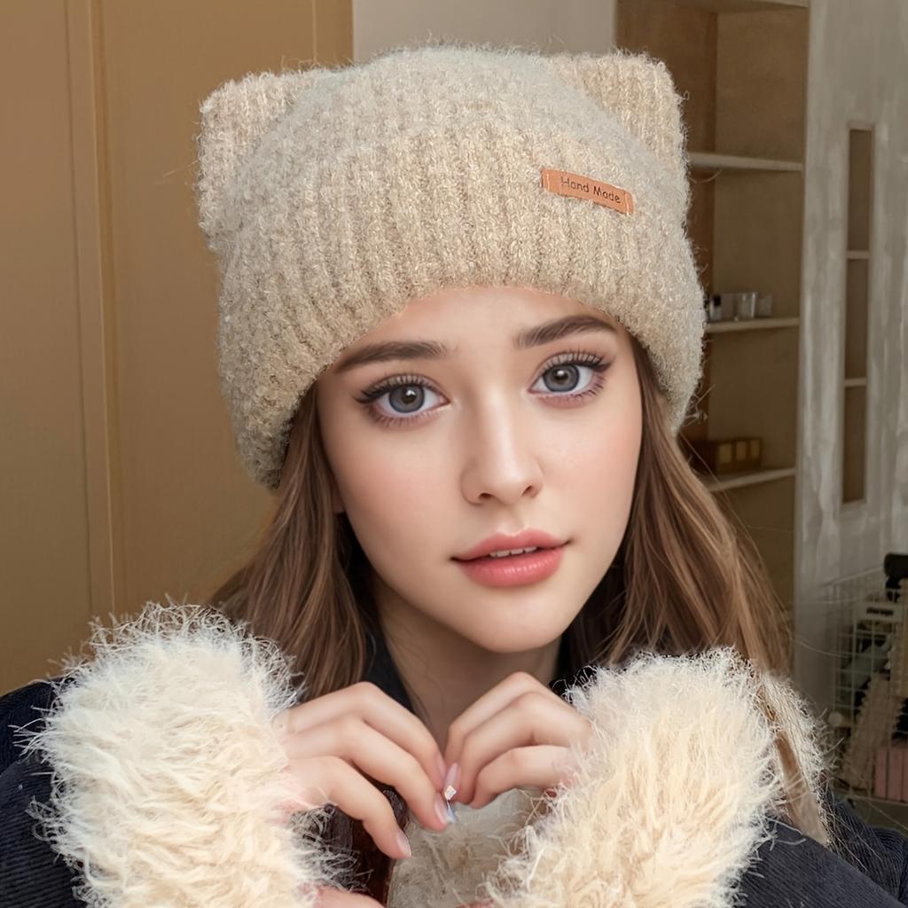 1 шт. шикарная кожаная шапка-бини с ушками - женские вязаные аксессуары для путешествий на свежем воздухе - утолщенная теплая однотонная повседневная шапка для зимы