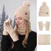 3Pcs/Set Women Hat Scarf Gloves Set Plush Ball Hat Cold Protection Double-Layer Scarf Touchscreen Gloves Set Ski Cycling Gear