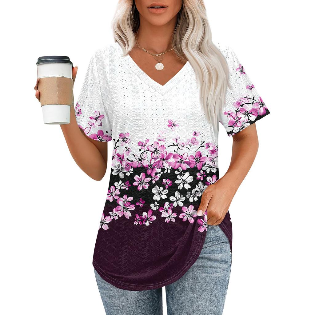 Womens T Shirts V Neck Short Sleeve Casual Tops Loose Fit Basic Tees With Curved Hem