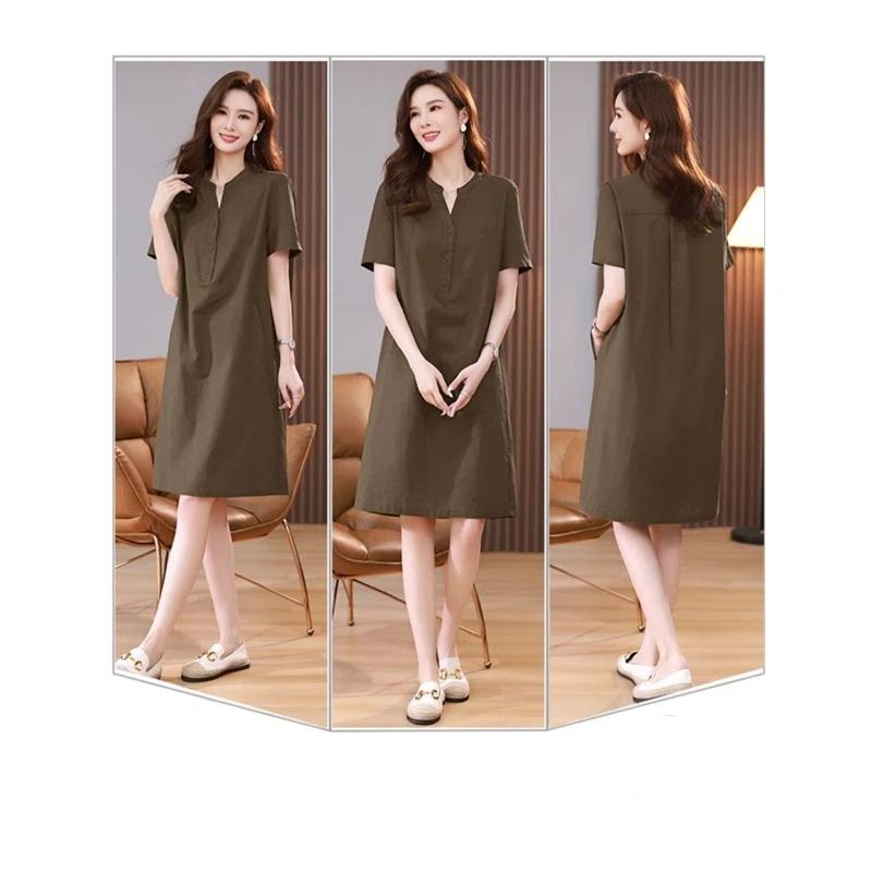 Women Summer Linen Cotton Dress V Neck Half Button Short Sleeve Midi Dress Loose Plus Size Elegant Mother Dress Casual Pocket Dresses