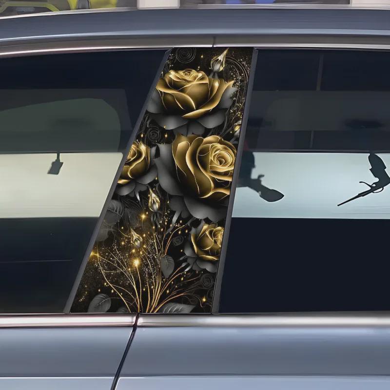 Decorative B-Pillar Flower Sticker - Black Gold Rose, Anti-Scratch, Creative Car Window Trim