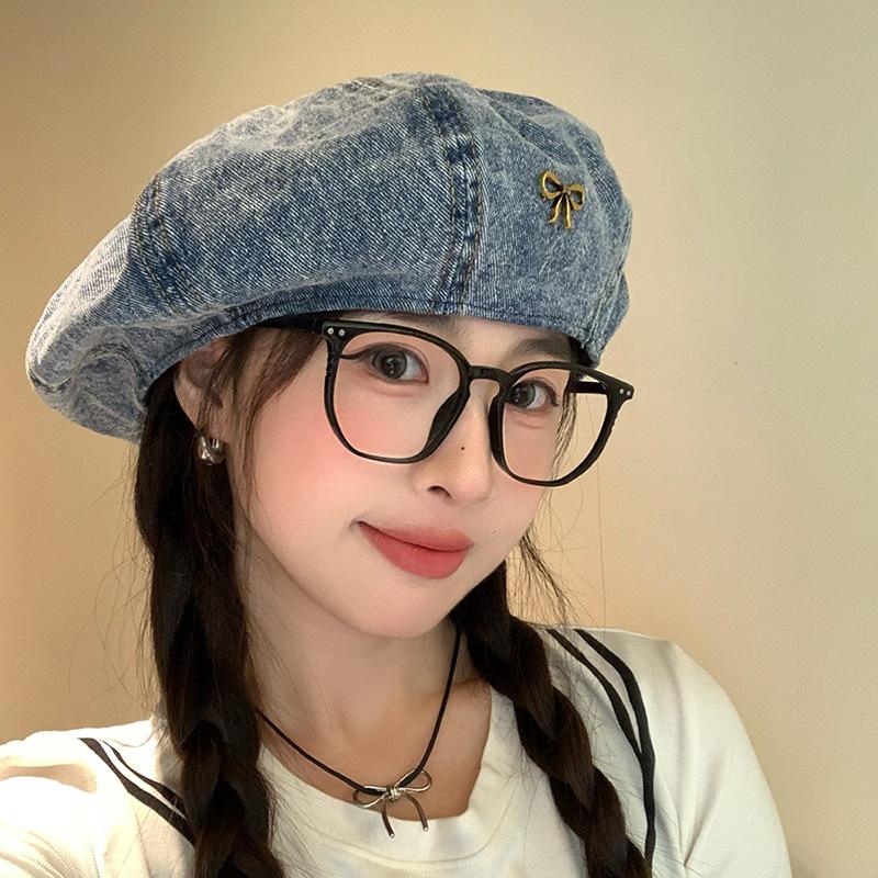 Джинсовый берет с бантом, женская ретро-шляпа художника-облачника с большой окружностью головы, показывающая лицо, маленькая шляпа с бутоном и звездчатым анисом