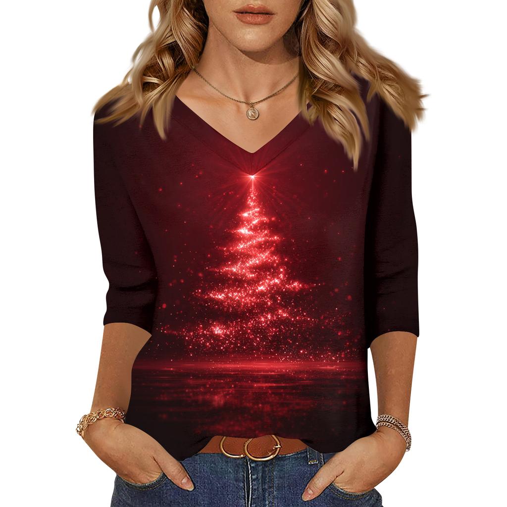 Women's Tops Three-quarter Sleeve Shirt V-neck Loose Casual Shirt Print T-shirt