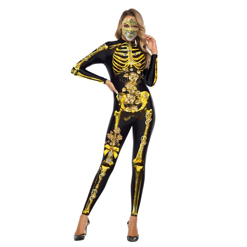 Halloween New Golden Rose Skeleton Print Stage Performance Suit Tight Elastic Men's and Women's One-piece Costume