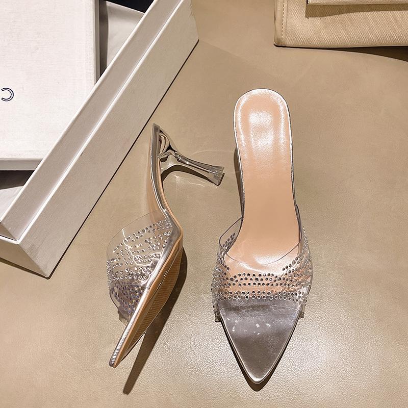 New Fashion Women'S Rhinester High Heels Slippers Transparent Pointed Thin Heels High Heels Sandals To Wear Outside