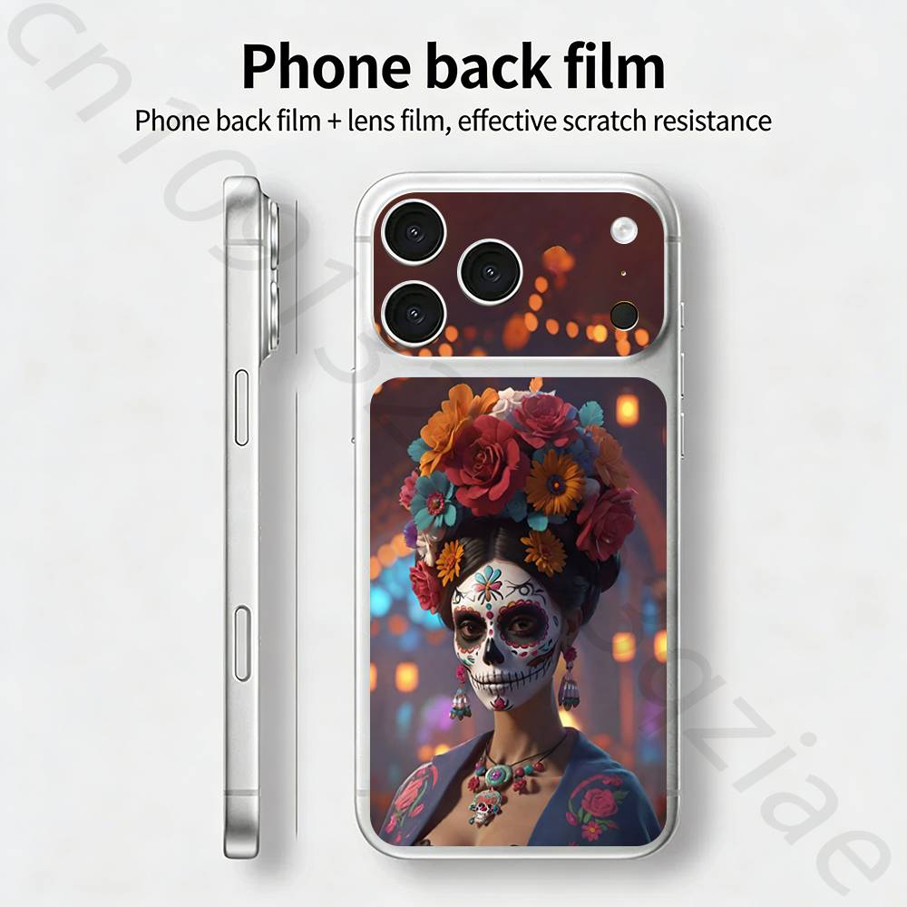 Мексиканский череп Катрины Для iPhone 17 pro Max /17 pro Полное покрытие Наклейка Кожаная Обмотка 3D Цветная Задняя Защитная Пленка-Наклейка