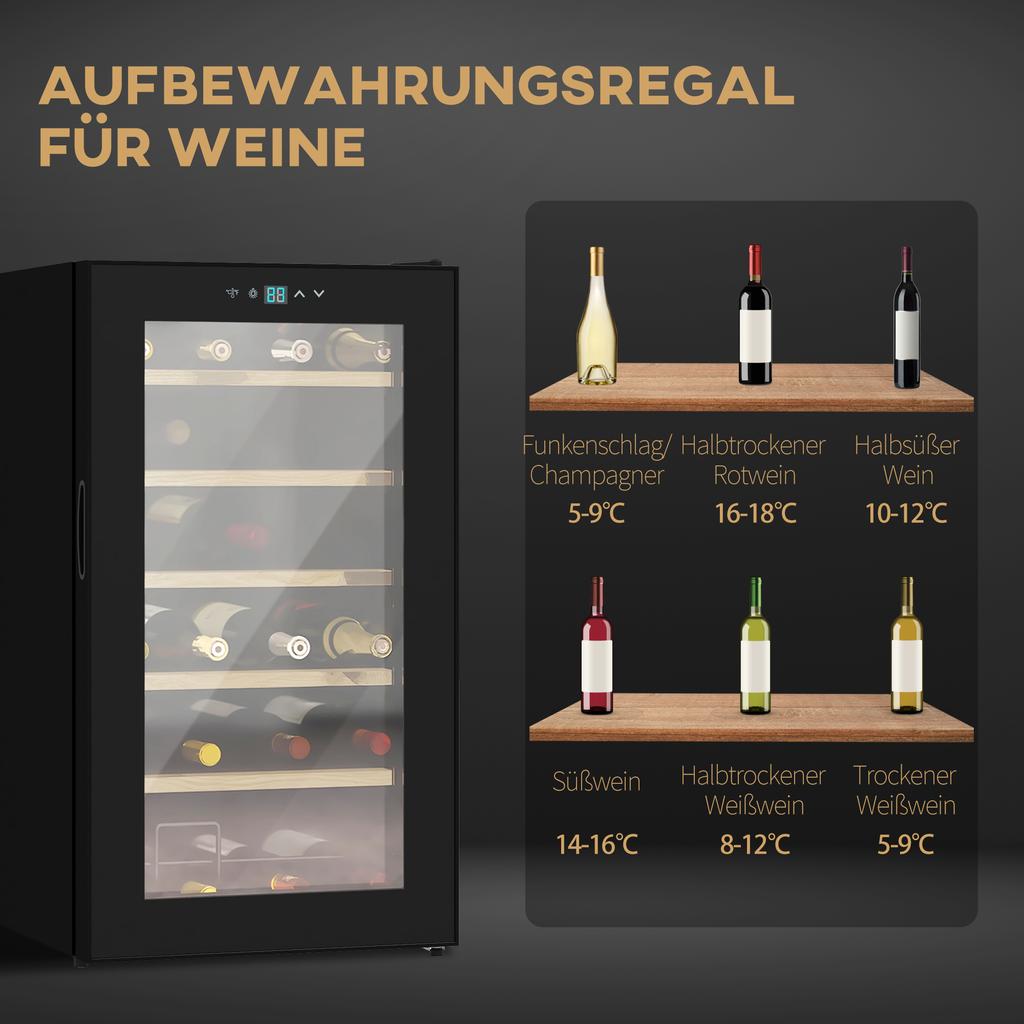 Wine Cooler for 24 Bottles, Adjustable Temperature 5 to 20 degrees C, LED Lighting, Black, 43 x 45 x 75 cm
