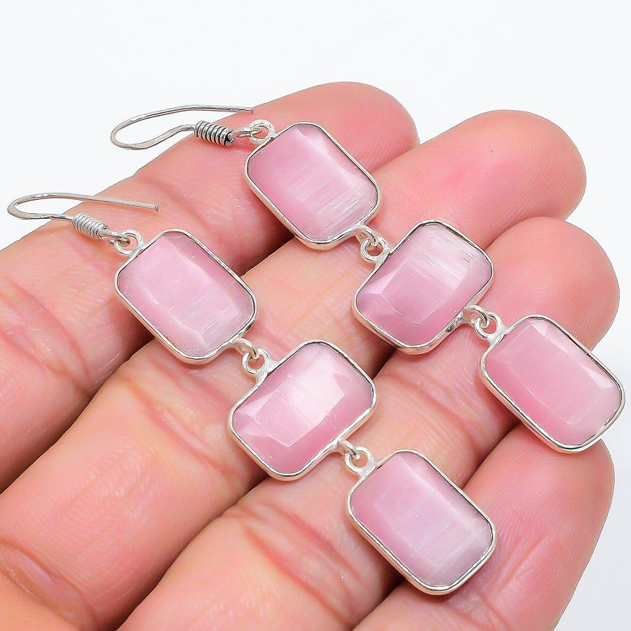 Pink Monalisa Gemstone Handmade 925 Sterling Silver Jewelry Earring 2.68" GK-6261