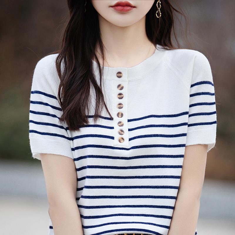 Женская вязаная футболка MODERN NEW SAGA, летняя вязаная рубашка, полосатые футболки с короткими рукавами, пуловер с круглым вырезом, вязаные топы