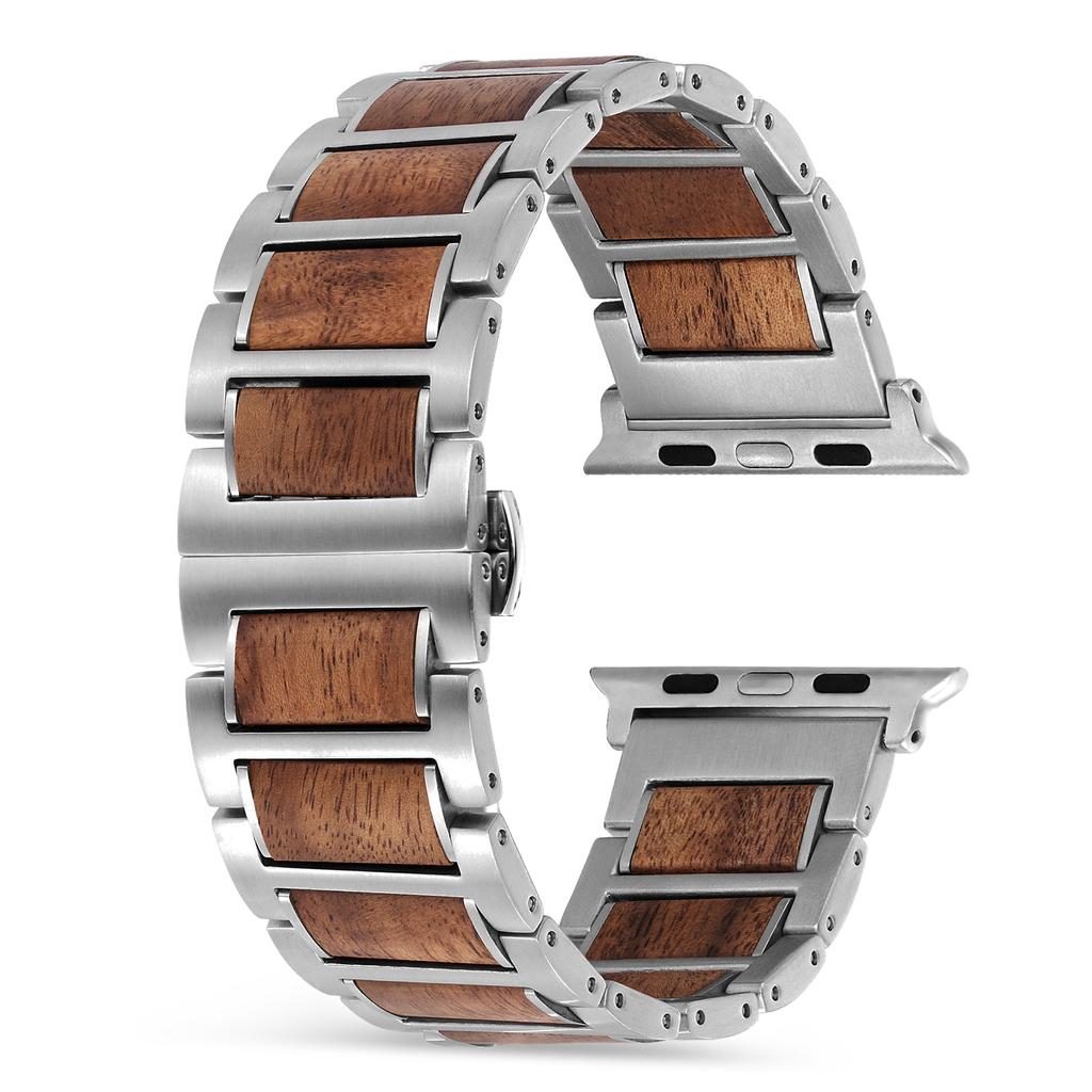 Natural Wood and Stainless Steel Band Strap for Apple Watch IWatch All Series Ultra 3 38/40/41/42/44/45/46/49mm