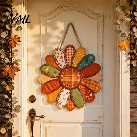 Thanksgiving Door Ornaments Vintage Patchwork Wooden Hanging Sign, Rustic Country Style Wall Decor Scarecrow with Hemp Rope for Home Fireplace, Autumn