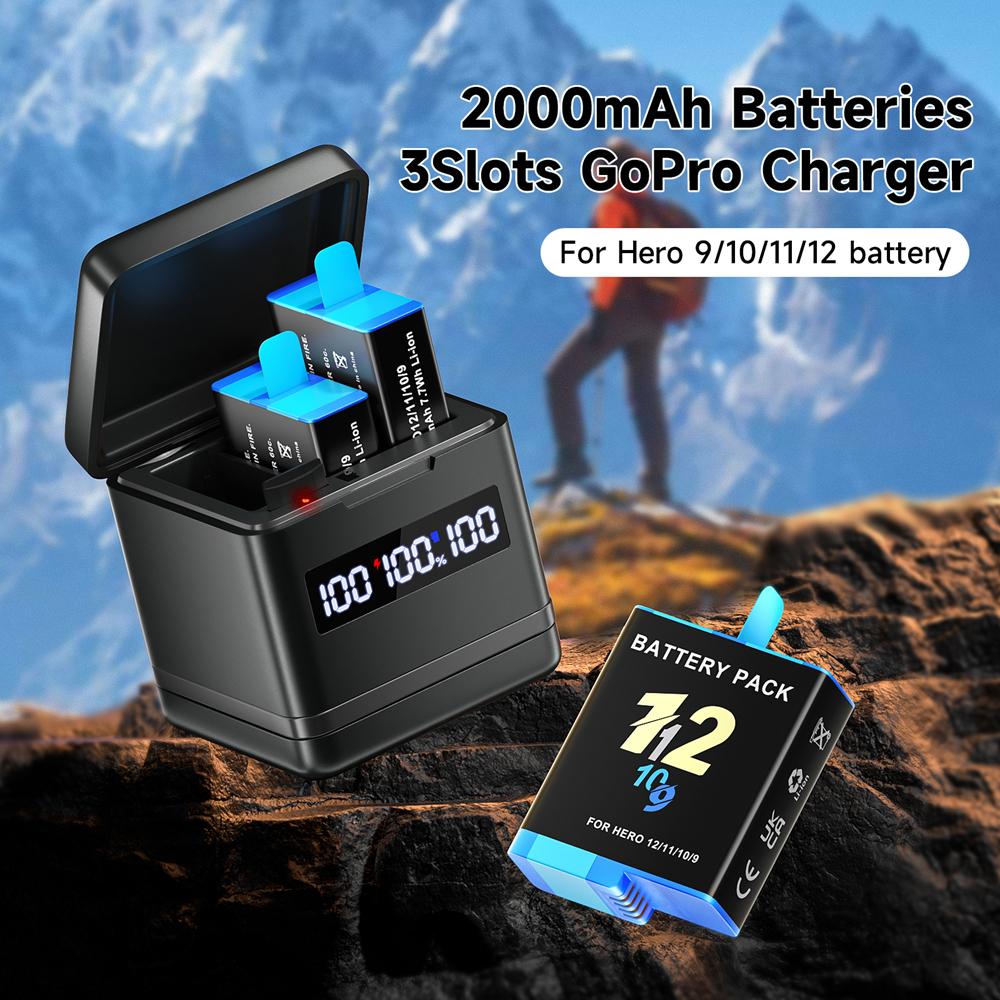 2000mAh Battery For Gopro Hero 9 10 11 12 Camera Battery with LCD 3-Slots Fast Charger Box For GoPro Hero12 11 Sport Cameras
