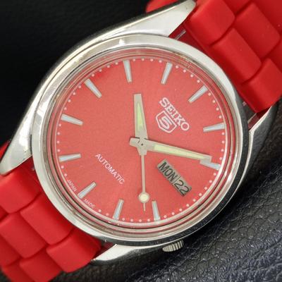 ВИНТАЖНЫЕ МУЖСКИЕ ЧАСЫ SEIKO 5 AUTOMATIC 7009A ЯПОНИЯ ЦИФЕРБЛАТ КРАСНОГО ЦВЕТА a701578-5