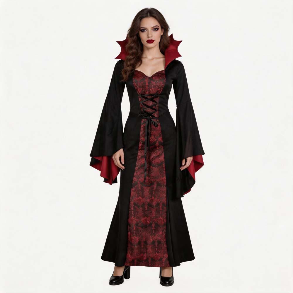 Vampire Witch Cosplay Costume Gothic Vampire Dress for Halloween Party Medieval Renaissance Long Gown Black for Women
