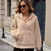 Women's Fashion Loose Long-sleeved  Half-zip Plush Pullover Pockets Hoodie Top Ladies Casual Clothes