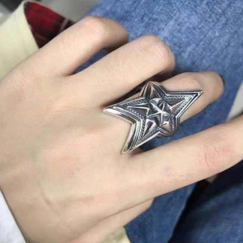 S925 Silver Ring Thai Silver Black Double Layer Overlapping Five-pointed Star Open Ring Punk Retro Men's Trendy Star Rock Ring