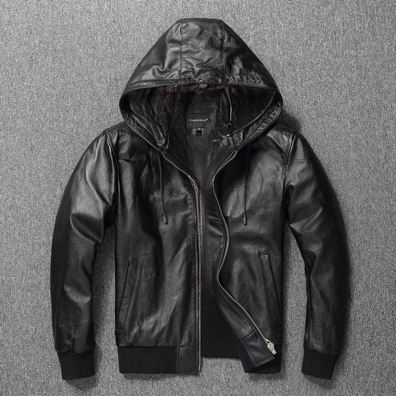 Китайский размер мужская кожаная куртка с капюшоном мягкая натуральная воловья кожа пальто с капюшоном мужская одежда весна осень одежда