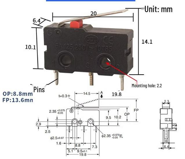 KW12 Micro Tripod Lever Switch, 5A/250V, KW11-3Z, Travel Limit Contact Button.