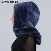 JINGERYA новая женская вязаная шапка с мехом кролика рекс, шарф с капюшоном, длинная зимняя теплая меховая шапка с шейным воротником, шарфы, шапка, шарф