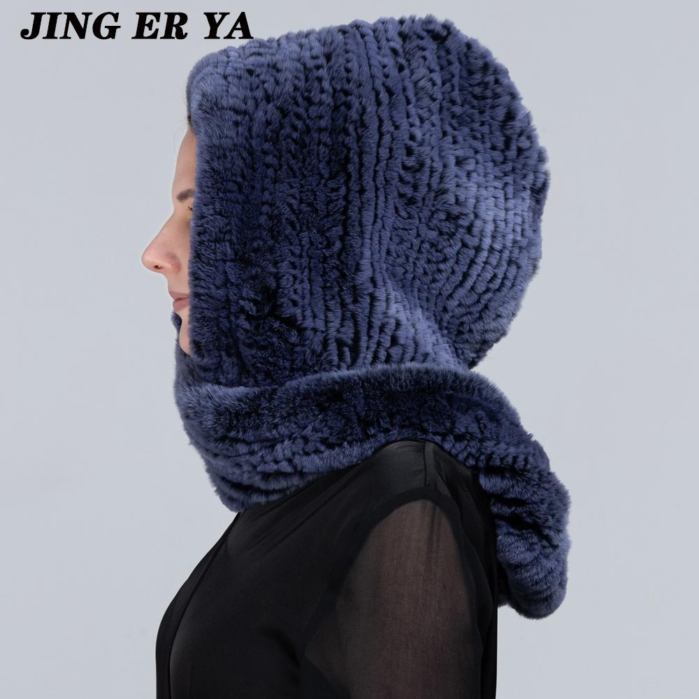 JINGERYA новая женская вязаная шапка с мехом кролика рекс, шарф с капюшоном, длинная зимняя теплая меховая шапка с шейным воротником, шарфы, шапка, шарф