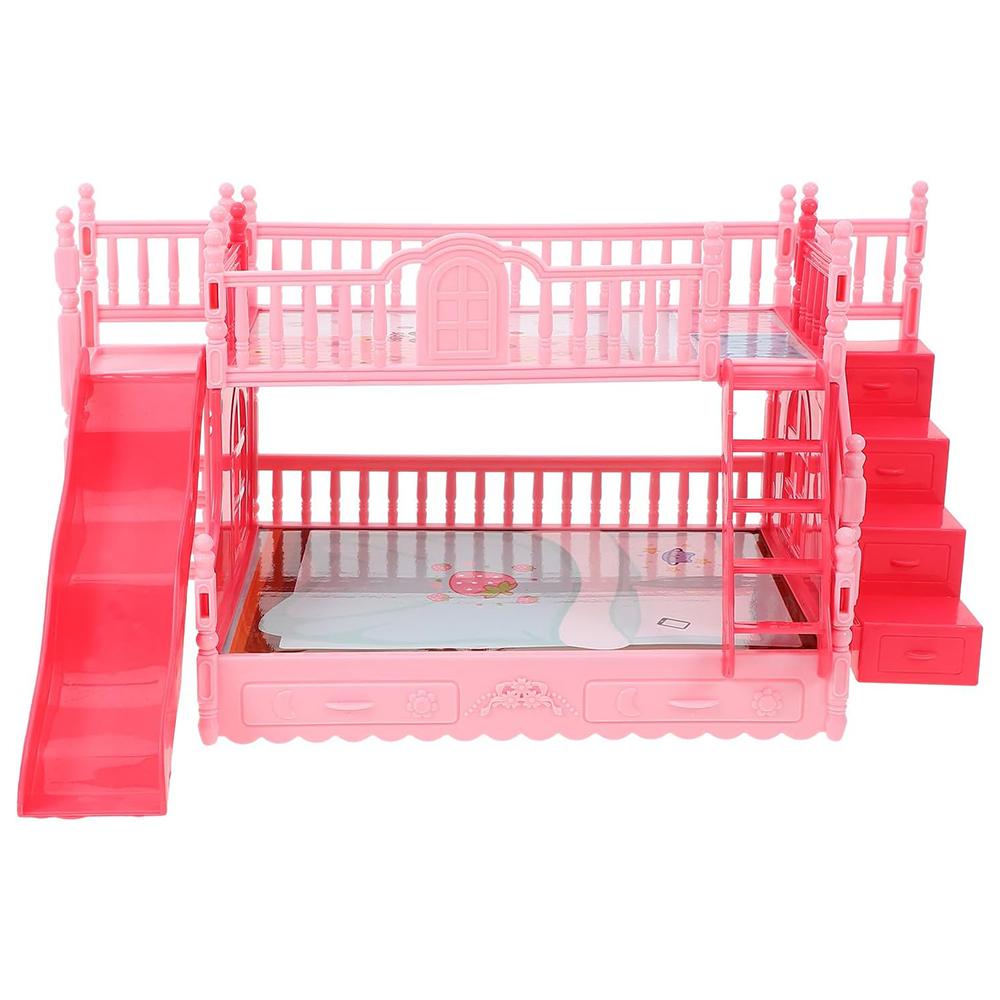 1:12 Dollhouse Pink Mini Bunk Bed Miniature Bunk Bed with Slide DIY Dollhouse Access Mini Bedroom Furniture Birthday Gift Girls