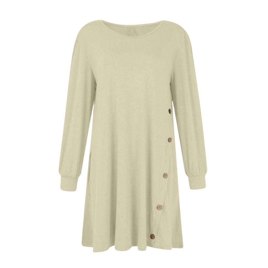 Модное женское повседневное свободное платье с круглым вырезом и пуговицами с длинным рукавом