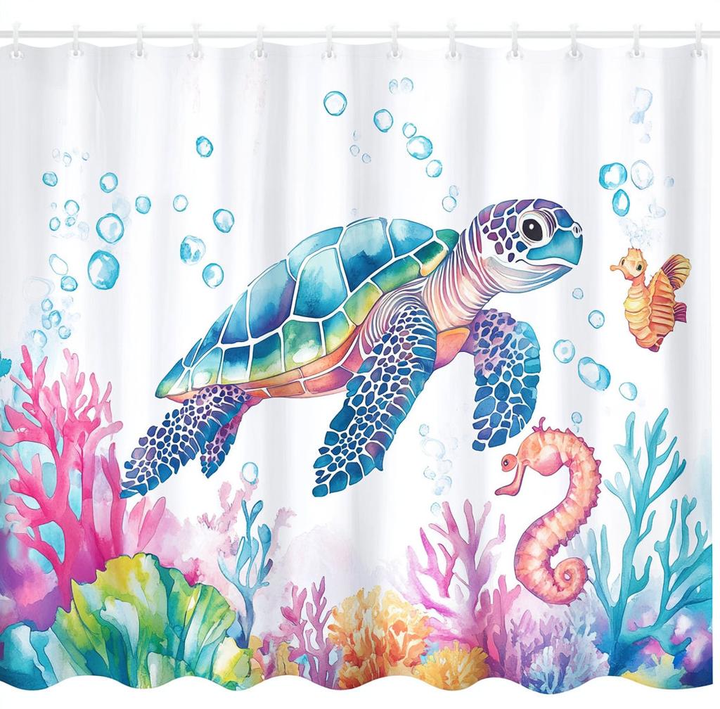Underwater World Dolphin Turtle Shower Curtain,Ocean Animals Polyester Fabric Bathroom Curtains for Home Decoration Curtain