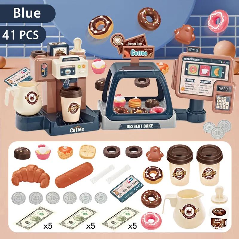 Cash Register Toy for Kids Pretend Play Store with Music Lights Ice Cream Dessert Playset Coffee Machine Kitchen Set for Toddler