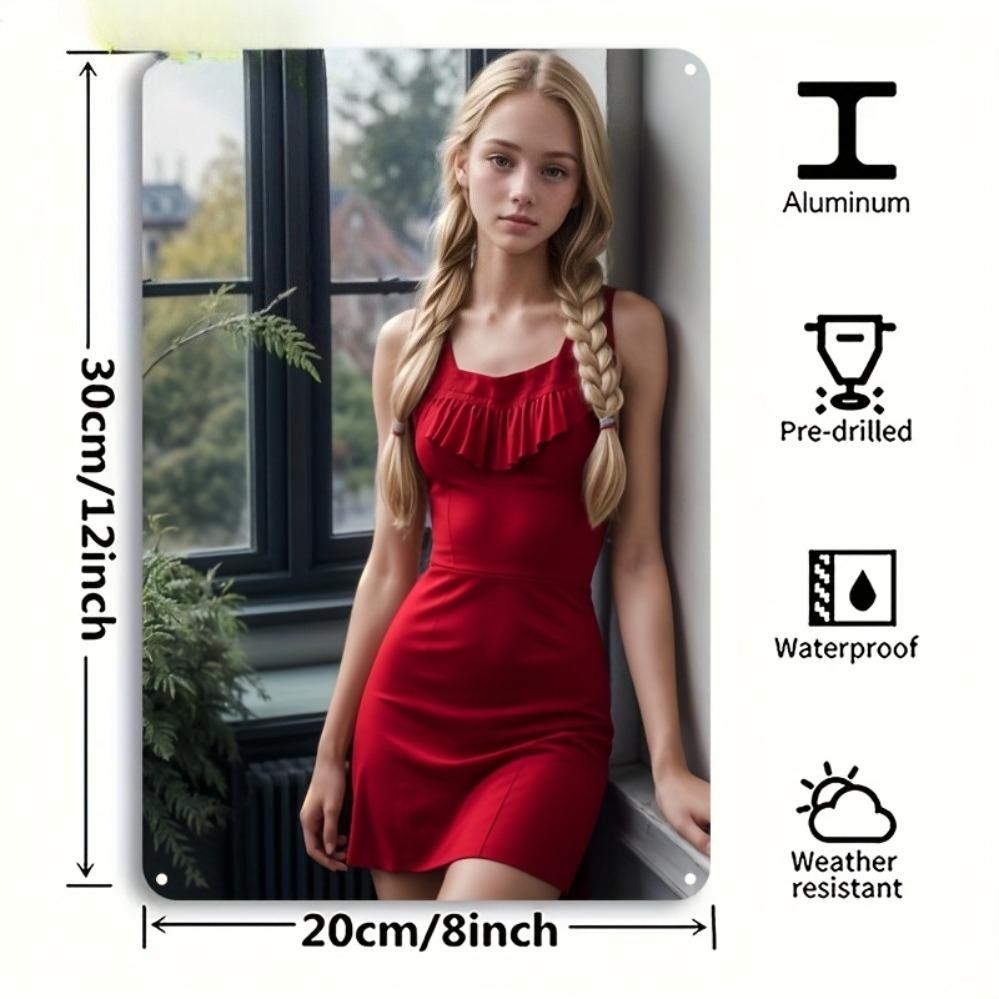 HD Tin Sign Elegant Blonde Girl Red Dress Vintage Metal Wall Art Decor for Home Bar Cafe Man Cave