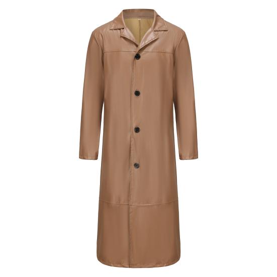 Men Jacket Turn-down Collar Smooth Solid Color Faux Leather Windproof Streetwear Slim Fit Long Sleeve Men Trench Coat