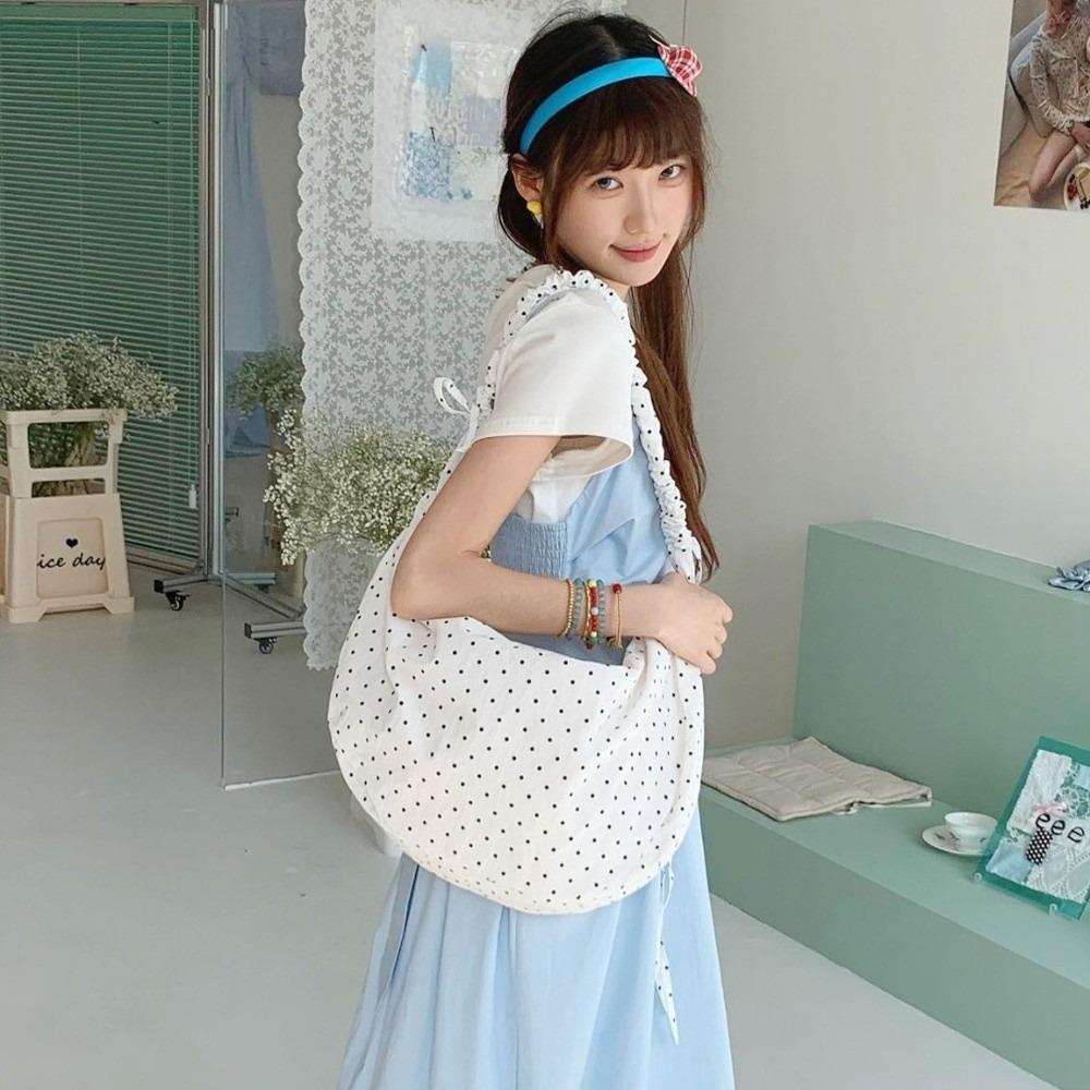 Adjustable Polka Dot Nylon Crossbody Bag Drawstring Lightweight Pleated Shoulder Bag Prined Large Capacity Canvas Dumpling Bag