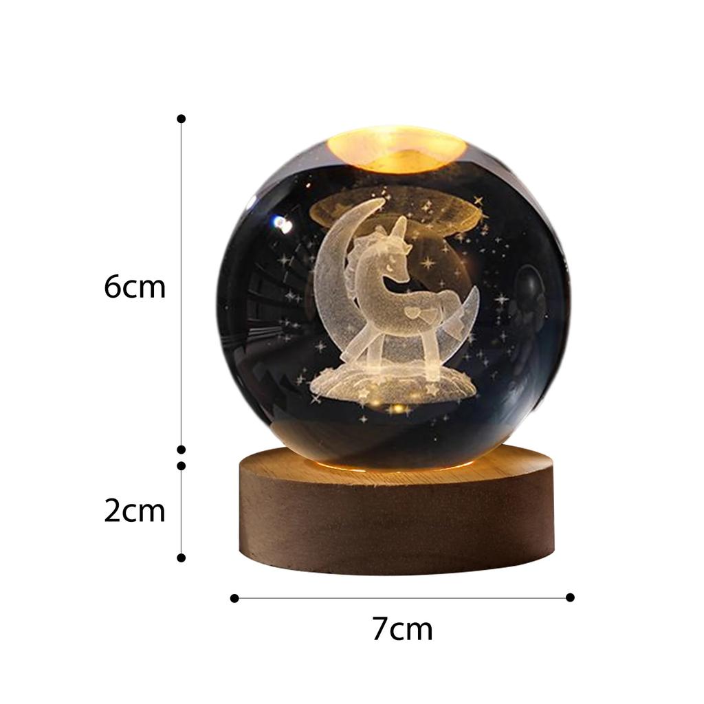 Crystal Ball Night Light Crystal Ball Lamp 3D Engraved Milky Way System Crystal Ball with Wooden Base USB Charging Gift for Kids
