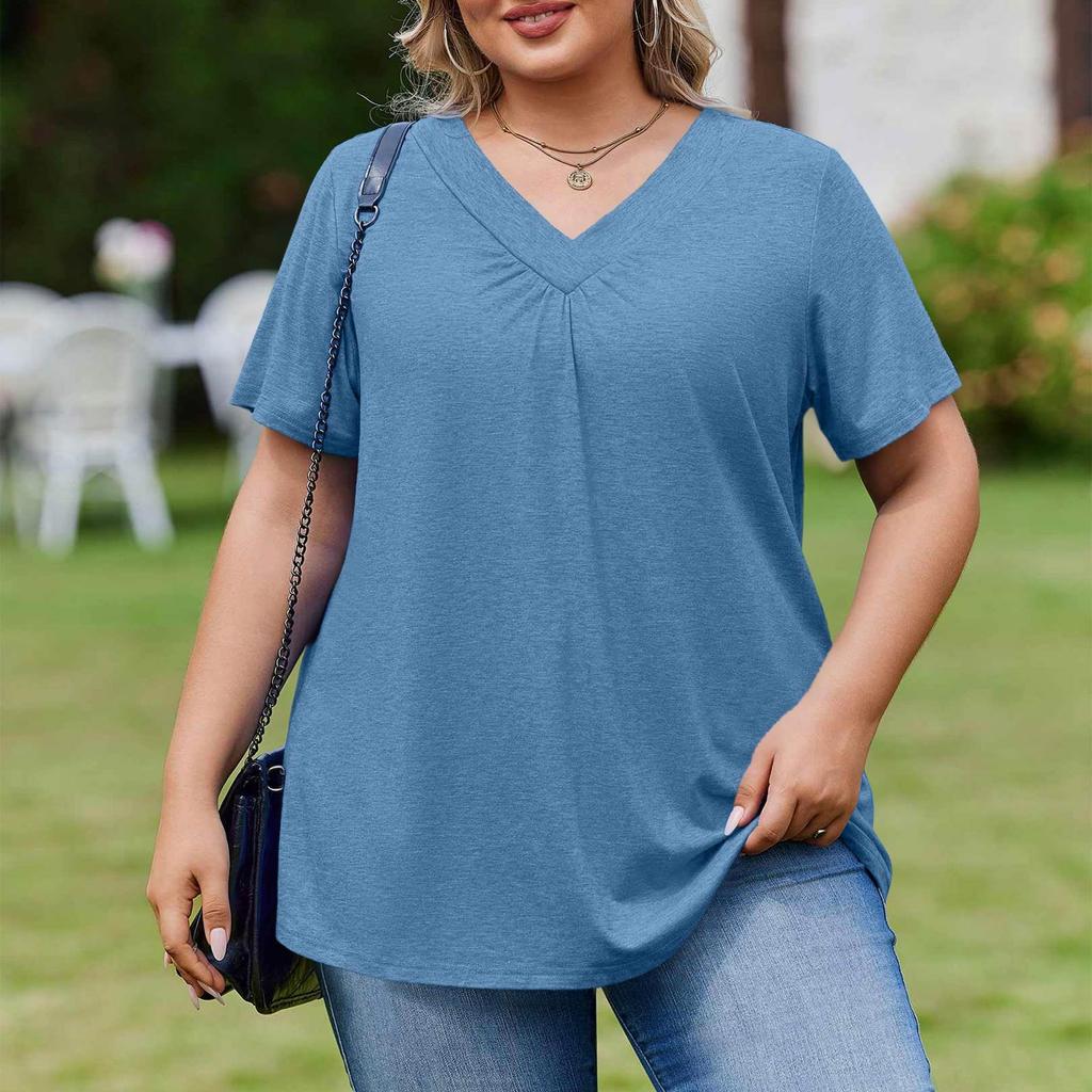 Женская модная повседневная свободная блузка большого размера с коротким рукавом, элегантная с V-образным вырезом, для работы