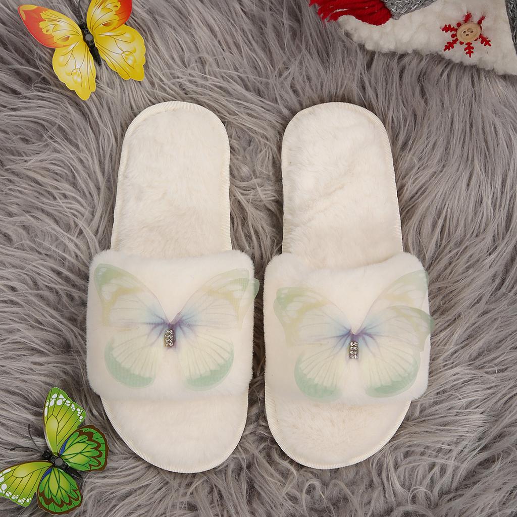 Soft Fluffy Fur Slippers Women Winter House Warm Furry Slippers Women Flip Flops Butterfly Home Slides Flat Indoor Floor Shoes