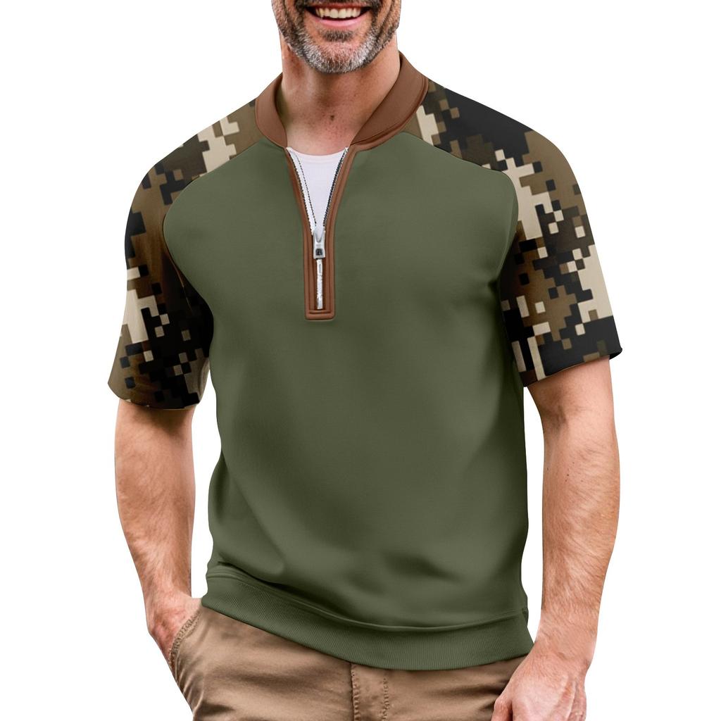 Мужская летняя футболка камуфляжной расцветки в стиле кэжуал, спортивный дышащий топ с воротником на молнии