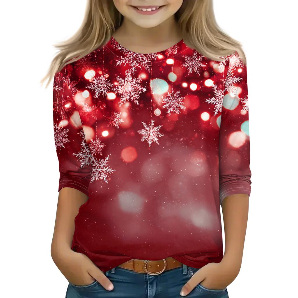 Рождественские топы с принтом для девочек-подростков 5-16 лет, футболки с круглым вырезом и рукавами 3/4, модные топы, нарядные футболки