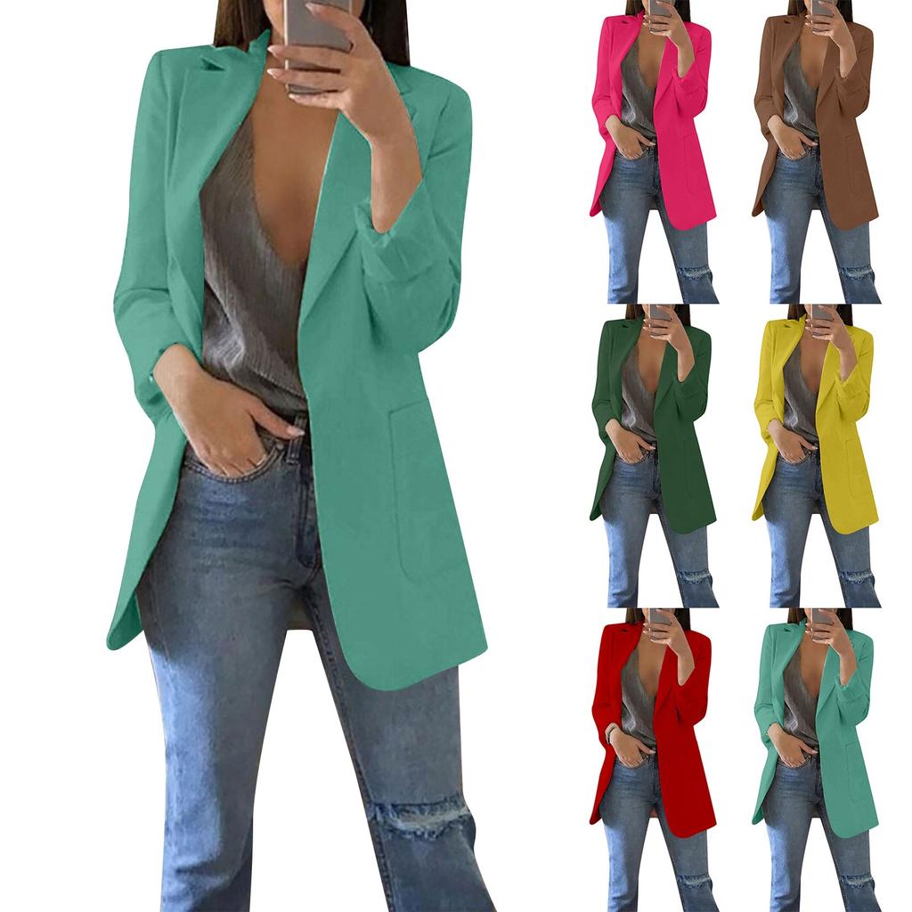 Женский твердый кардиган с открытыми передними карманами, формальный костюм, блузка с длинным рукавом, пальто