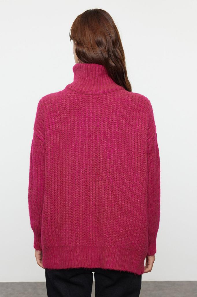 Women's Elegance Style Sweater Fuchsia Soft Textured High Collar Knitwear Sweater