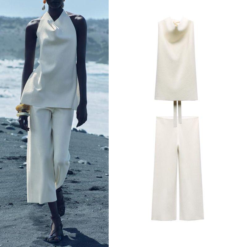 Spring New Temperament Hanging Collar Open Back Knitting Tops 2893013 High Waist Wide Leg Pants 2893014