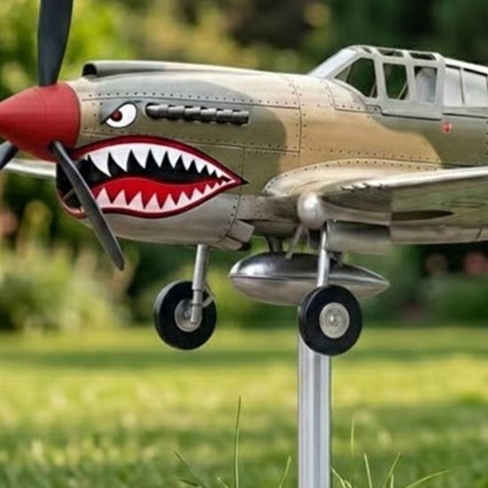 Shark Mouth Warplane Wind Spinner Metal Weather Vane Kinetic Shark Fighter Windmill Sculpture Outdoor Garden Yard Patio Lawn Decoration