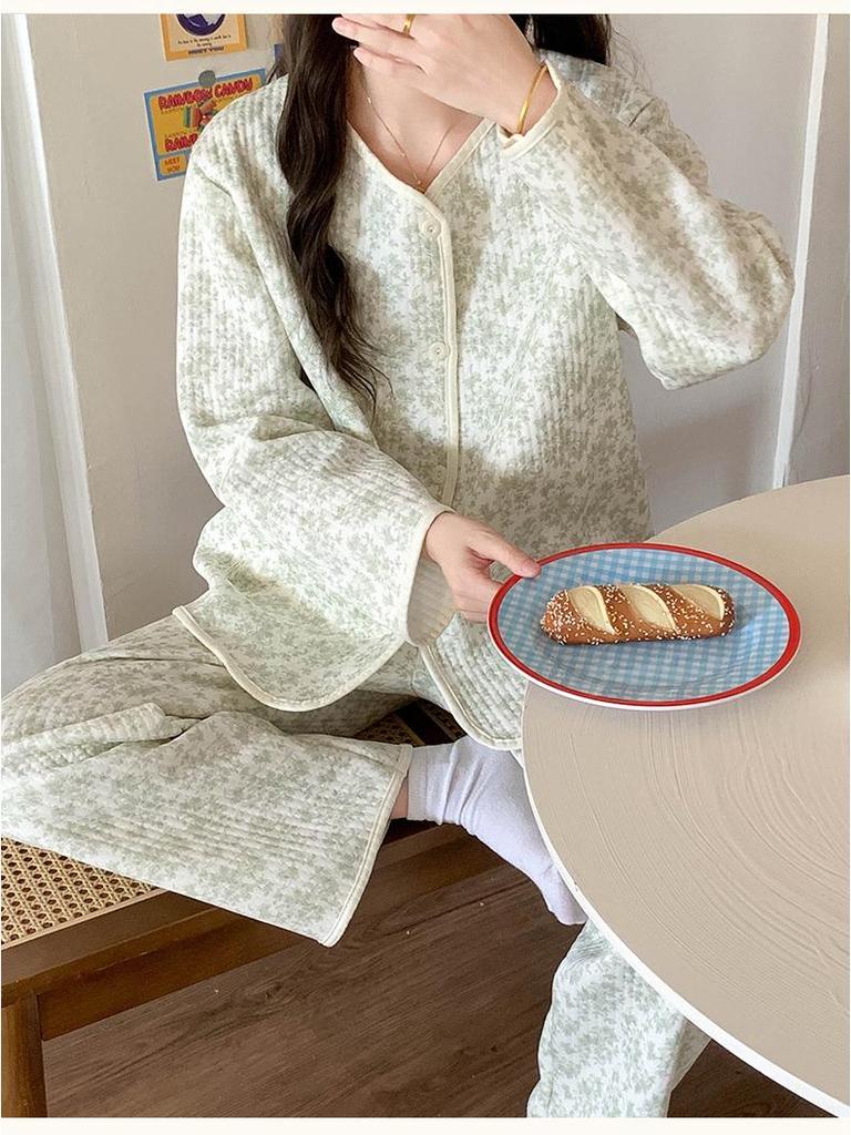 Многослойный комплект стеганой пижамы из хлопка с длинным рукавом для женщин - Повседневный кардиган для дома на осень/зиму