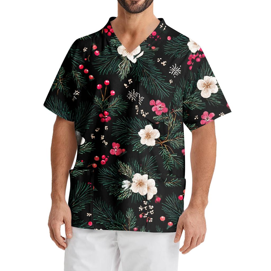 Мужская рабочая блузка с короткими рукавами и v-образным вырезом с принтом, топ с нагрудным карманом